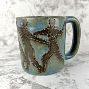 Mara Mexico Pottery Oversized Coffee Tea Mug Blue Green Dancing Figures